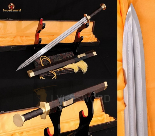 High Quality Chinese Jian Real Sword Very Sharp Damascus Double Groove Blade Rosewood Saya Copper Fitting