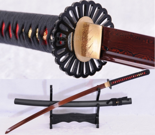 Red Damascus Steel Full Tang Japanese Katana Samurai Sword Sharp Blade Cut Tree