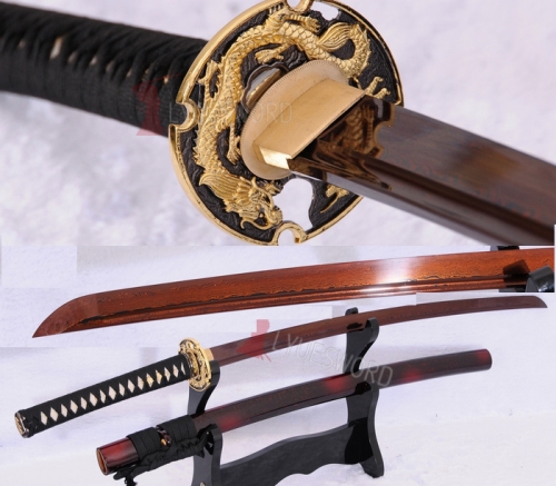 Handmade Japanese Katana Samurai Sword Red Damascus Steel Full Tang Blade Sharp
