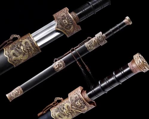 Real Hand Forge Chinese Sword For Sale Damascus Folded Steel Razor Sharp Double Groove Blade Carved Dragon Pure Copper Guard