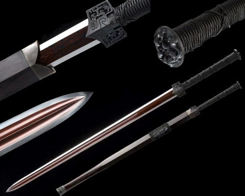 Chinese Sword Han“漢”Drnasty Jian Folded Damascus Steel Full Tang Hand Forged Sharp Blade Black Iron Fitting Ebony Scabbard