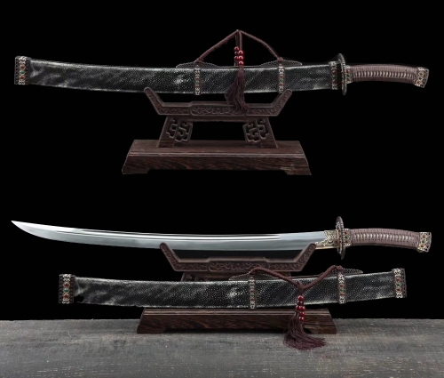 Handmade Chinese Da Ming Dynasty Swords Clay Tempered Folded Steel Blade Sharp Bldae Hazuya Polish Full Rayskin Wrap