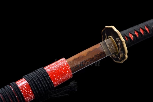 Red Folded Steel Clay Tempered Blade Functional Katana Full Tang Japanese Samurai Sword Razor Sharp Edge