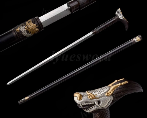 Dragon Copper Fittings Walking Stick Sword Ebony Sheath Folded Steel Blade | Trekking Jian Cane Sword