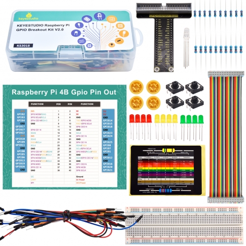KEYESTUDIO GPIO Breakout Kit for Raspberry Pi 4 4b 3 3b+ with Solderless Breadboard, GPIO Cable, LEDs, Resistors