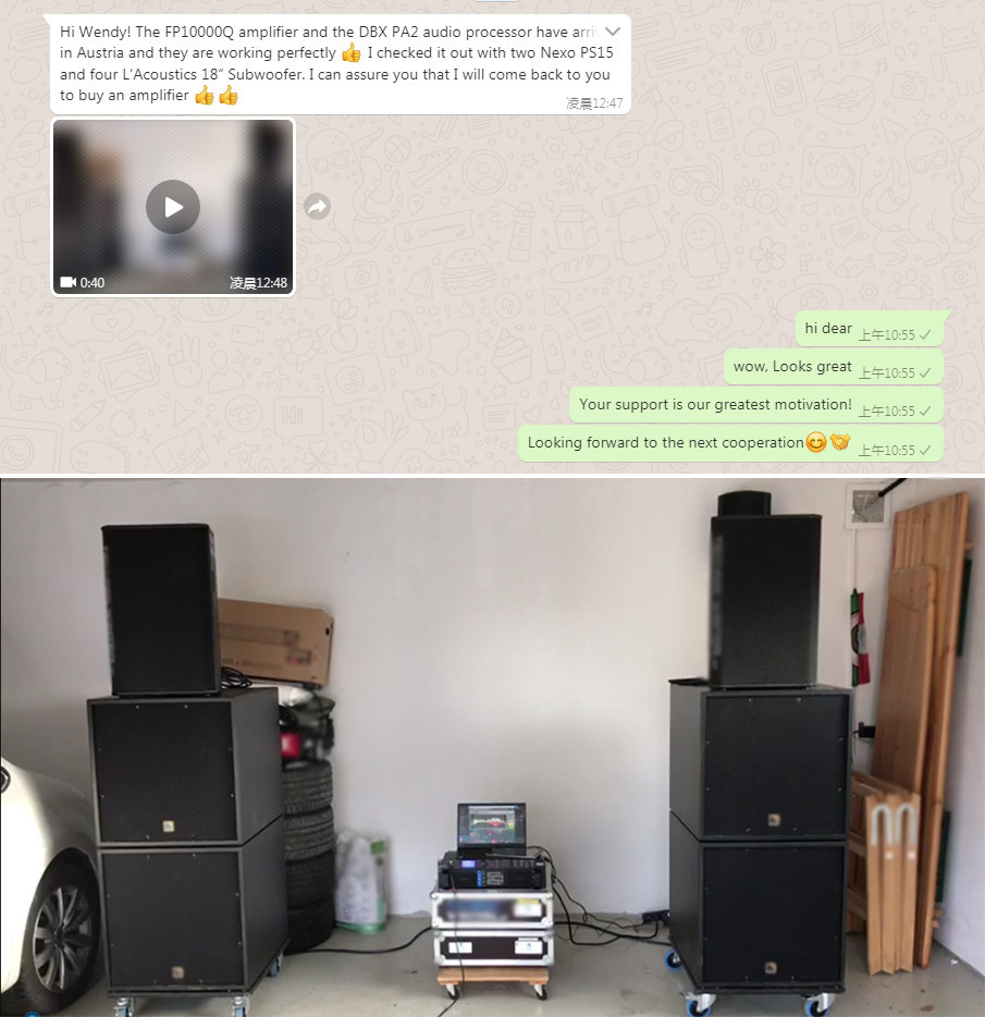 FP10000Q amplifier and DBX PA2 processor work with two Nexo PS15 and four 18“ Subwoofer.