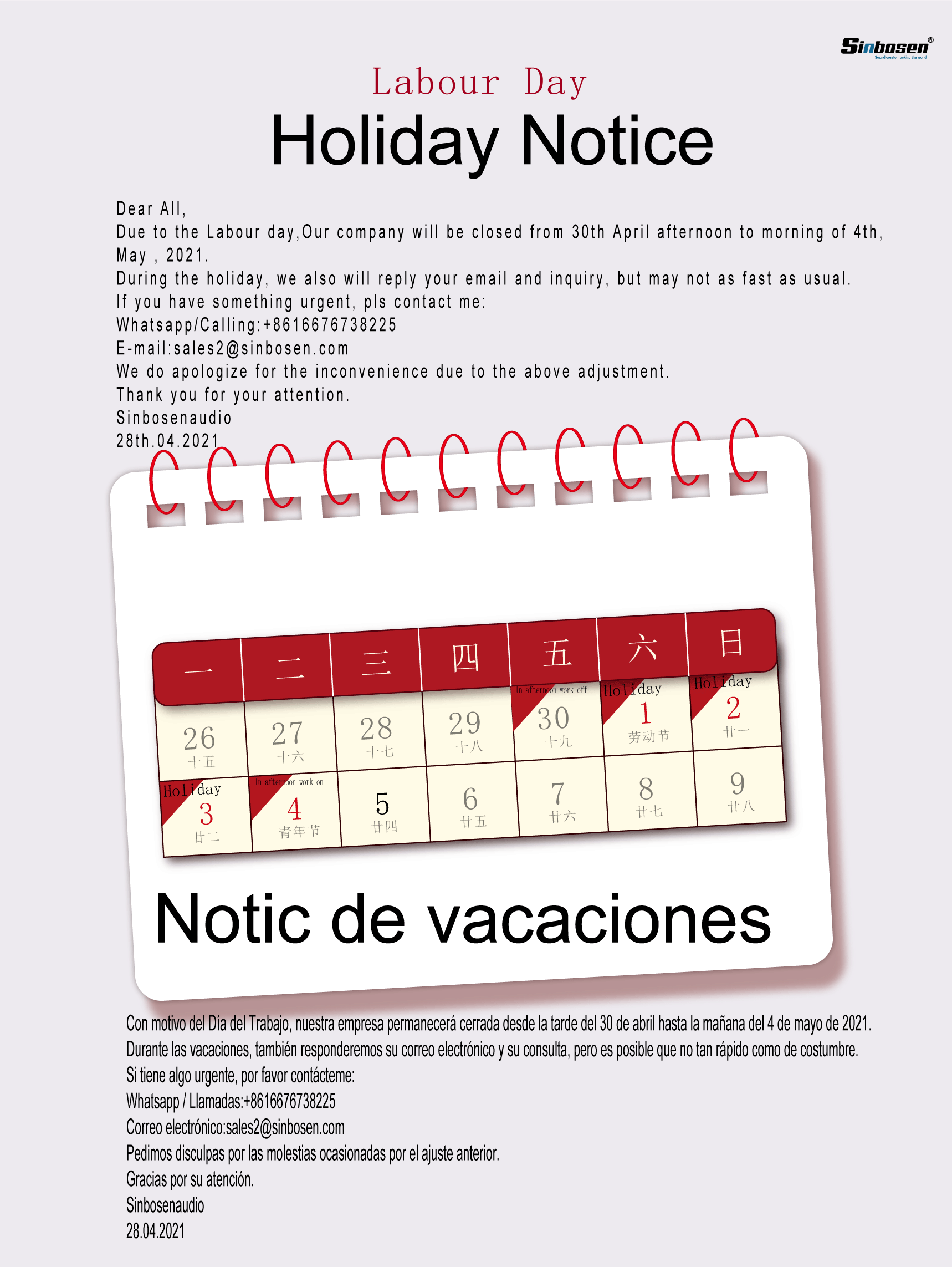 Aviso de feriado do dia do trabalho de 4 dias