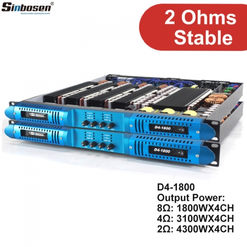 Sinbosen 2 ohmios amplificador digital estable 4 canales D4-1800 amplificador profesional 4300w clase d