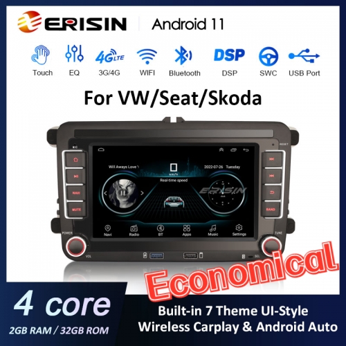 Erisin es2255v 7 &quot;hd android 11 sistema estéreo para carro para vw seat skoda fabia navegação gps sem fio apple carplay dsp amplificador