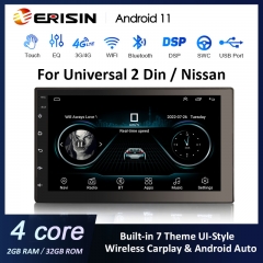 Erisin ES2241U 7" HD Android 11.0 Lecteur multimédia de voiture pour unité universelle 2Din Nissan Car GPS WiFi 4G TPMS DVR DAB+ Sans fil Apple C