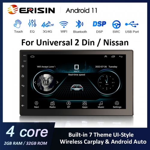 Erisin ES2241U 7" HD Android 11.0 Car Multimedia Player For 2Din Universal Unit Nissan Car GPS WiFi 4G TPMS DVR DAB+ Wireless Apple CarPlay DSP Amplif