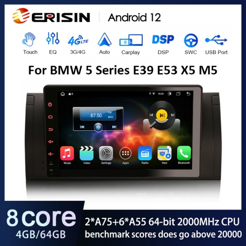 Erisin Android 12.0 Car Stereo BMW 5er E39 X5 E53 M5 Autoradio GPS Navi CarPlay DAB+ Android Auto BT5.0 DSP WLAN DVB-T2 OBD2 RDS USB 4G ES8893B