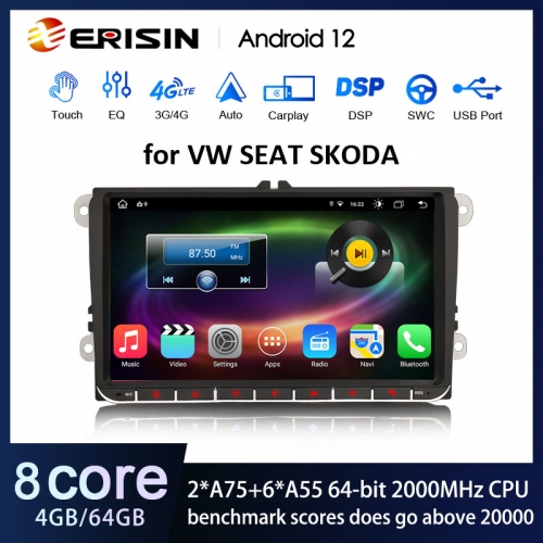 ES8891V 8-Core Android 12 64GB Autoradio DAB+ Navi For VW Passat CC Golf 5/6 Tiguan T5 Jetta Skoda SEAT CarPlay Auto WiFi DSP OBD2 TPMS Bluetooth 5.0