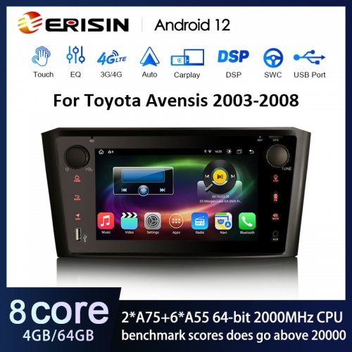 Erisin ES8807A 7" Android 12.0 Car Stereo For TOYOTA AVENSIS T25 GPS Navi Wireless Carplay Auto Radio IPS Screen 4G WiFi DAB+ BT5.0
