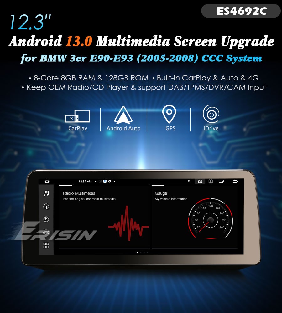 Erisin ES4692C 8G+128G Android 13.0 Car Stereo For BMW E90 E91 E92 E93 CCC Screen Upgrade GPS CarPlay Auto Radio DSP IPS Multimedia