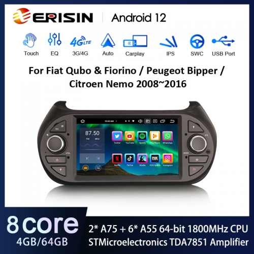 Erisin ES8575F 7" DSP Android 12.0 Car Stereo For Fiat Fiorino Qubo Citroen Nemo Peugeot Bipper GPS Multimedia CarPlay & Auto Radio 4G LTE IPS