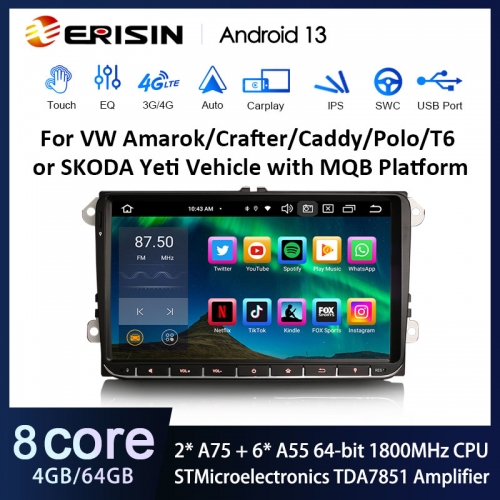 Erisin ES8552V 9" Android 13.0 Autoradio GPS Wireless CarPlay Auto Stereo For SKODA Yeti VW Amarok Crafter Caddy Transporter T6 SWC DTV DSP