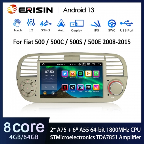 Erisin ES8550FW 7" Android 13.0 IPS Autoradio GPS For Fiat 500/500C/500S 500E Stereo SWC DTV DSP Bluetooth 4G Wireless CarPlay Auto