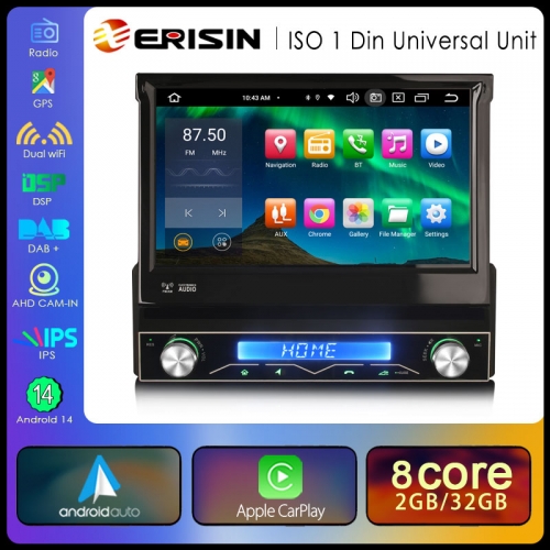 Erisin ES8368U 7" Universal 1Din Car Stereo Android 14.0 Car Multimedia Carplay Auto GPS Navigation WiFi Bluetooth 5.0