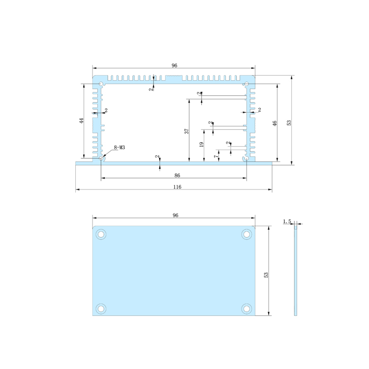 116*53-130一体式仪器仪表铝合金壳体/铝型材外壳 pcb线路板外壳