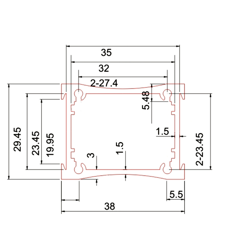 38*29Aluminum extrusion for heatsink housing for PCB electrical control box