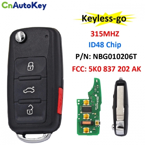 CN001100 4 Button Keyless-go Remote Key 315MHz ID48 Chip for Volkswagen 2011-2017 (Models with Prox) P/N: NBG010206T 5K0 837 202 AK