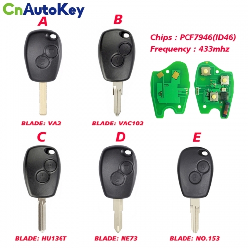 CN010009  Remote Control Key 2 Buttons 433MHz PCF7946 For Renault /Kangoo II /Clio III 7701209236