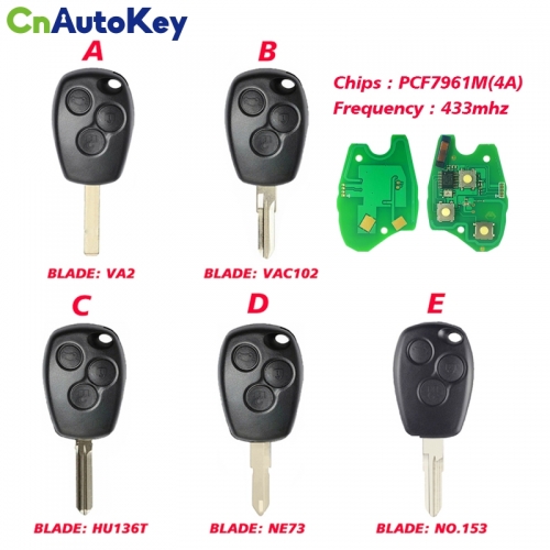 CN010073 3 Button Remote Car Key for Renault 433mhz With PCF7961M/4A VA2 Round Button