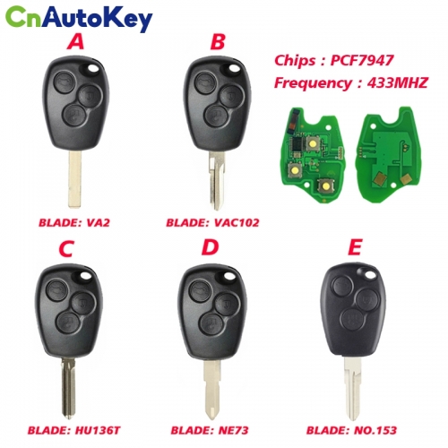 CN010017 Remote Control Key 3 Buttons 433MHz PCF7947 For Renault /Kangoo II /Clio III