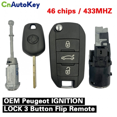 CN009053 OEM Peugeot IGNITION LOCK  3 Button Flip Remote with PCF7941 ID46