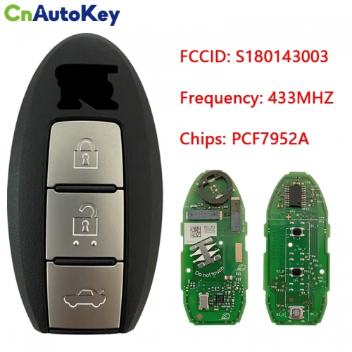 CN027094  Original Genuine N-issan GTR 2009-2014 Smart Key Remote 3 Buttons 433 MHz Fcc ID S180143003 PCF7952A Chip 285E3-JF50E