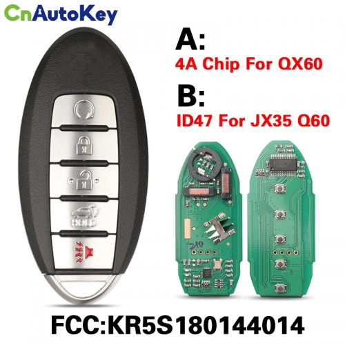CN021015   KR5S180144014 Remote Smart Car Key For Infiniti JX35 Q60 QX60 433Mhz 4A Chip ID47 Chip 5Buttons S180144320 S180144014