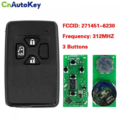 CN007303   Toyota Smart Key 3 Buttons Slider Door 312MHz PCB 271451-6230 Black Cover