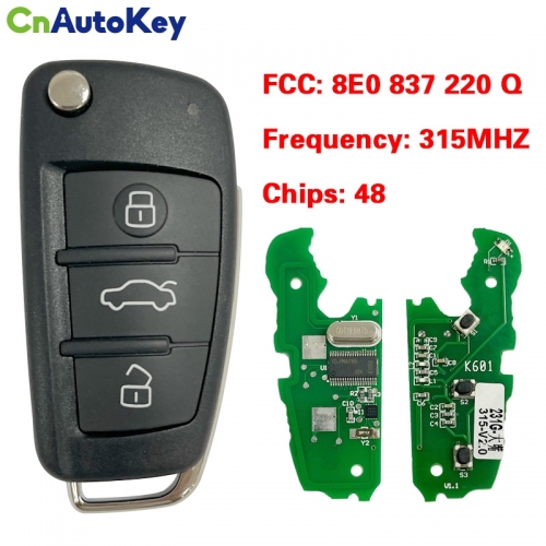 CN008195  Replacement 3 Button Flip Remote Key 315MHz ID48 Chip for AUDI A4 8E0 837 220Q