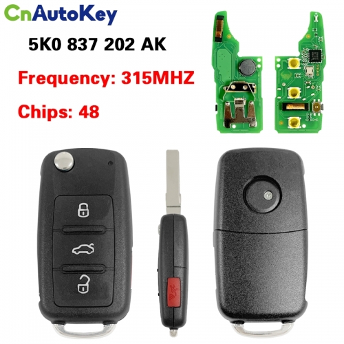 CN001100 4 Button Keyless-go Remote Key 315MHz ID48 Chip for Volkswagen 2011-2017 (Models with Prox) P/N: NBG010206T 5K0 837 202 AK