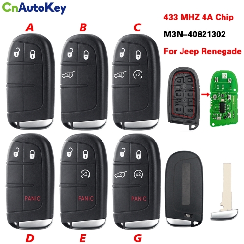 CN086037 2/3/4/5BT Smart Remote Control Key 433mhz 4A Chip Keyless Entry SIP22 Blade for Jeep Renegade M3N-40821302