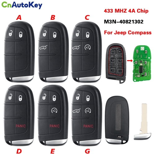 CN086038 2/3/4/5BT Smart Remote Control Key 433mhz 4A Chip Keyless Entry SIP22 Blade For Jeep Compass M3N-40821302