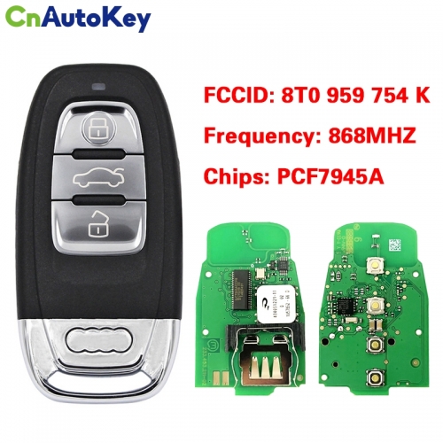 CN008082 3 Button Car Smart Card Remote Key For Audi A4 S4 A5 S5 Q5 A6 Keyless go PCF7945A 868Mhz 8T0 959 754K /8K0 959 754D