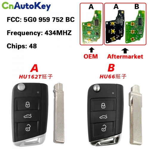 CN001067 For Vw Golf Polo Touran Etc 3 Button Flip Key Fob Remote 5g0 959 752 BC 434mzh Keyless GO