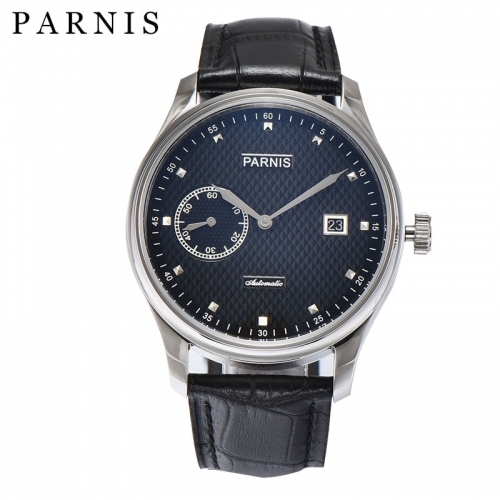 43mm Watch Men Parnis Mens Automatic Watches Black Dial Stainless Steel Case Sea-gull 2555 Leather Male Wristwatch