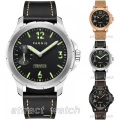 44mm Parnis 100m Waterproof Hand Winding Movement Men Casual Watch Luminous Mark