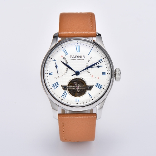 43mm Parnis Мужские часы с автоматическим запасом хода, циферблат с маховиком, ремешок из натуральной кожи