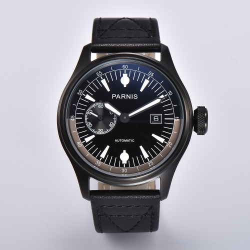 46.5mm Parnis Stainless Steel Black Case Leather Strap Wrist Watches for Men