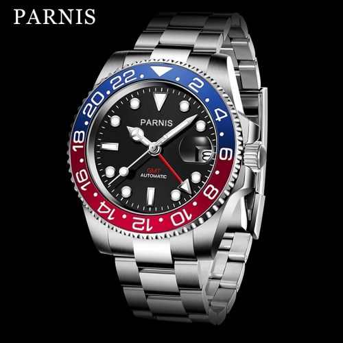 40MM Parnis Relógio de pulso mecânico masculino de luxo em aço inoxidável GMT em vidro de safira