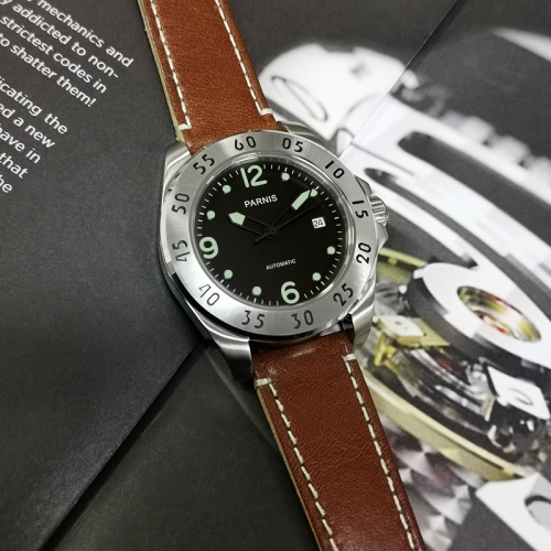 43mm Parnis 21 Juwelen Miyota Automatic Herren Mechanische Armbanduhr Saphir Datum