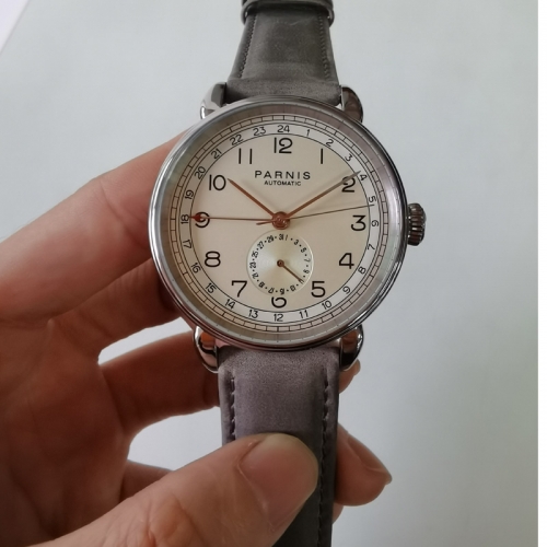 Parnis 42 mm GMT estojo prata pulseira de couro relógio masculino mecânico automático