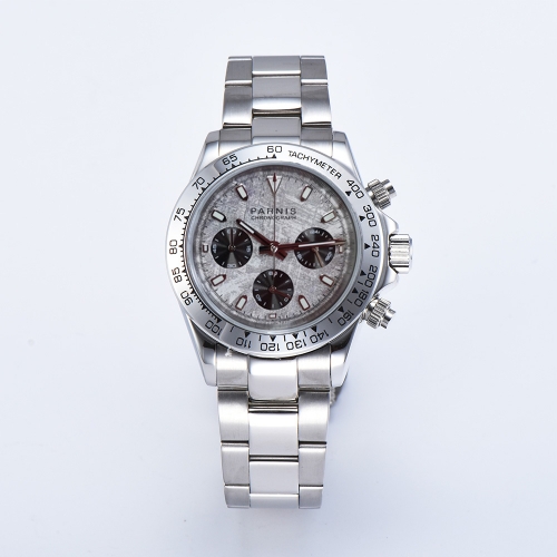 39mm Parnis Men Sport Chronograph Watch Quartz Movement Wristwatch Gray Dial