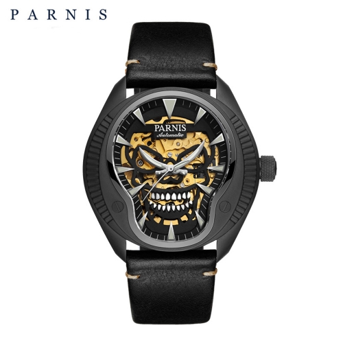 43mm Parnis Reloj mecánico automático para hombre con esfera luminosa y esqueleto de calavera