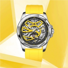 43mm Parnis New Hollow Out Dial Sapphire Crystal Seagull Automatic Mechanical Wristwatch Yellow Color