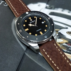 Stainless Case, Black Dial, Brown Leather Strap